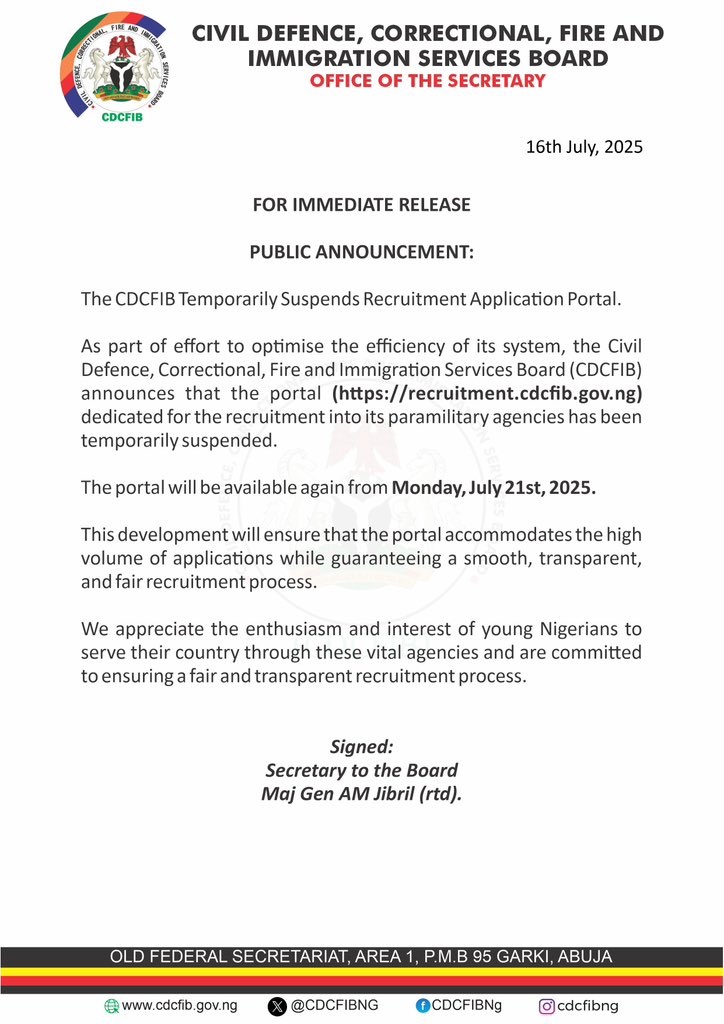 FG Has Suspended Paramilitary Recruitment Portal, Reopens July 21
