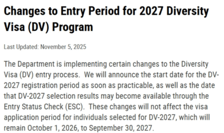 Entry Dates For DV-2027 Lottery By The Department of State