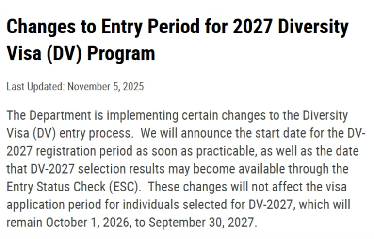Entry Dates For DV-2027 Lottery By The Department of State