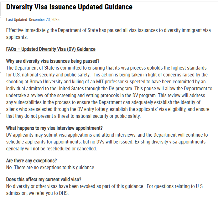 Diversity Visa Issuance Updated Guidance