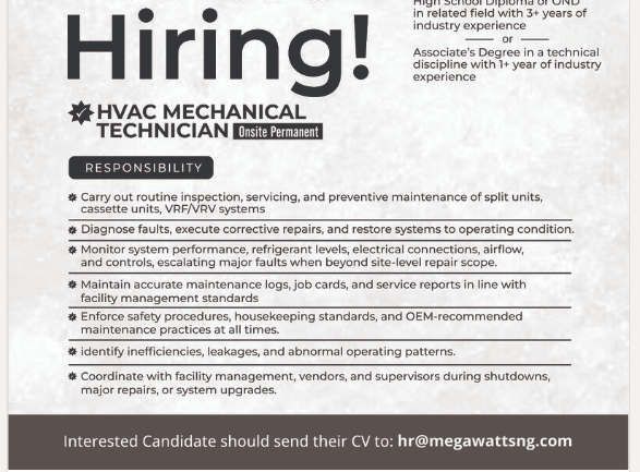 HVAC Mechanical Technician at Megawatts Nigeria Limited