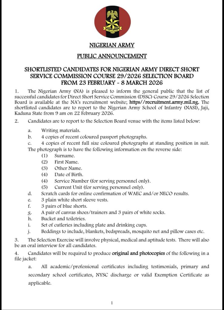 SHORTLISTED CANDIDATES FOR NIGERIAN ARMY DIRECT SHORT SERVICE COMMISSION COURSE 29/2026