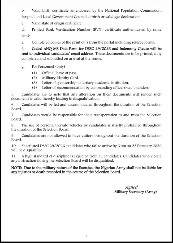 SHORTLISTED CANDIDATES FOR NIGERIAN ARMY DIRECT SHORT SERVICE COMMISSION COURSE 29/2026