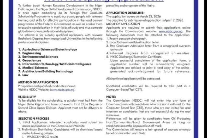Call for Applications: NDDC Foreign Master’s Postgraduate Scholarship 2026/2027